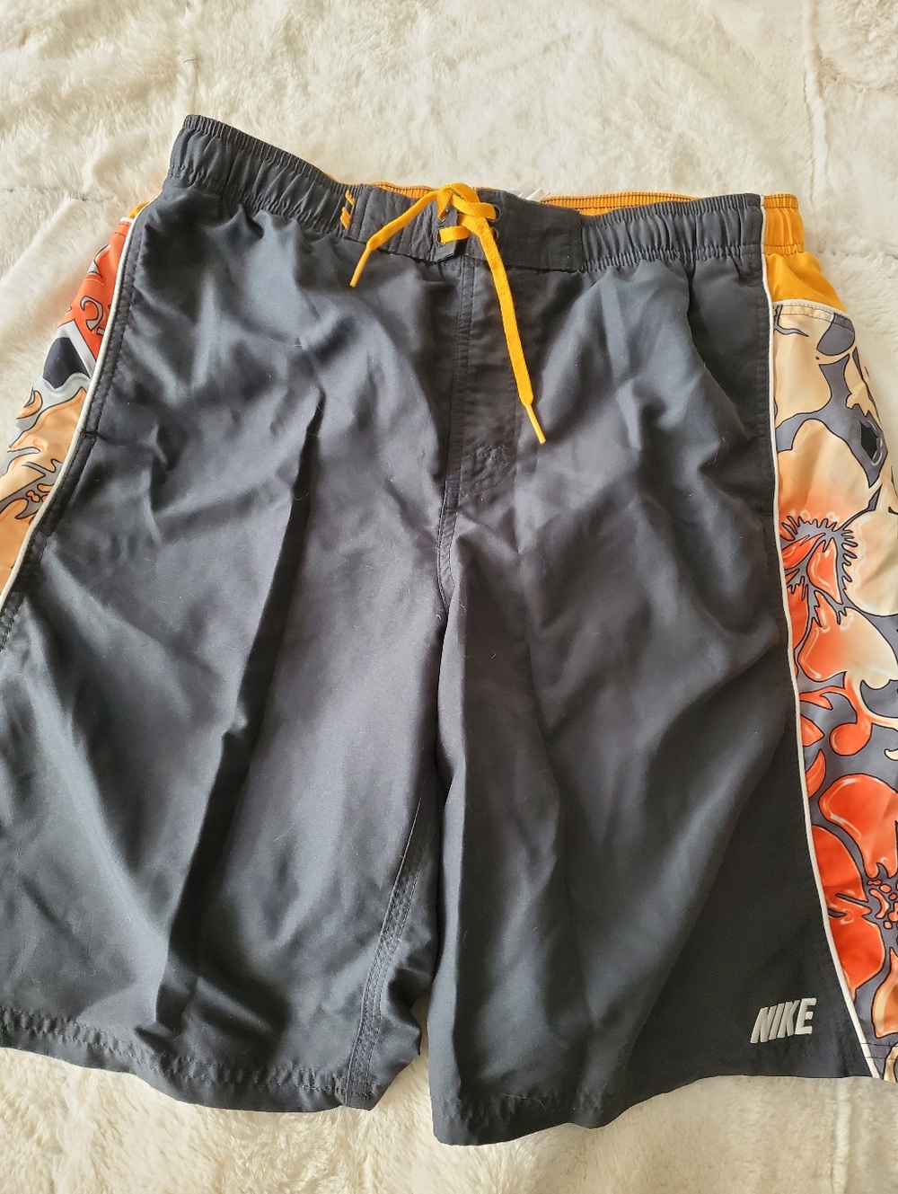 Nike Black Swim Shorts with Orange Floral Side Panels and Yellow Drawstring